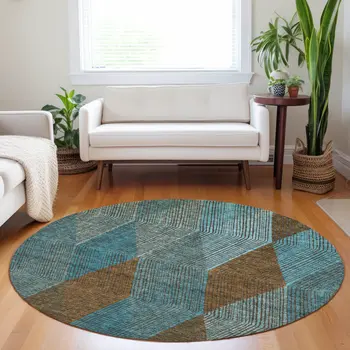 8' Teal Blue Aqua And Brown Round Argyle Washable Indoor Outdoor Area Rug