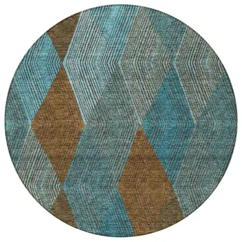 8' Teal Blue Aqua And Brown Round Argyle Washable Indoor Outdoor Area Rug