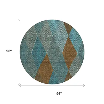 8' Teal Blue Aqua And Brown Round Argyle Washable Indoor Outdoor Area Rug