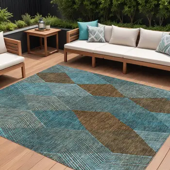 8' X 10' Teal Blue Aqua And Brown Argyle Washable Indoor Outdoor Area Rug