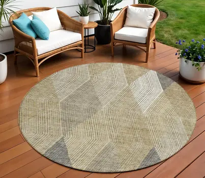 8' Wheat Taupe And Ivory Round Argyle Washable Indoor Outdoor Area Rug