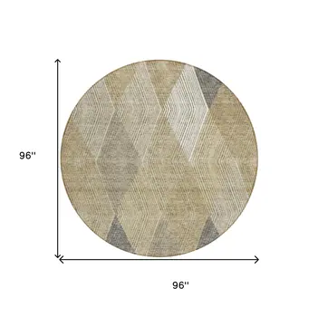 8' Wheat Taupe And Ivory Round Argyle Washable Indoor Outdoor Area Rug