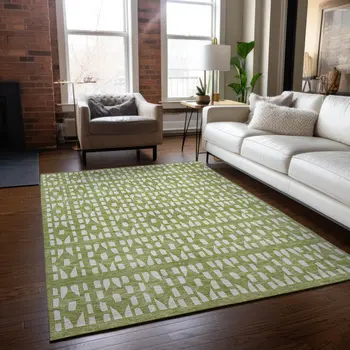 3' X 5' Sage And Ivory Geometric Washable Indoor Outdoor Area Rug
