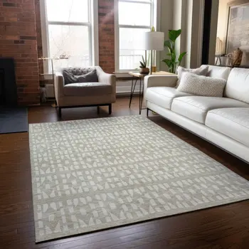 3' X 5' Beige And Ivory Geometric Washable Indoor Outdoor Area Rug