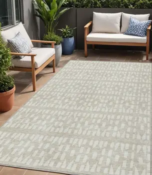 5' X 8' Beige And Ivory Geometric Washable Indoor Outdoor Area Rug