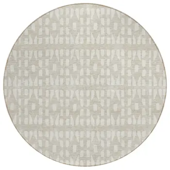 8' Beige And Ivory Round Geometric Washable Indoor Outdoor Area Rug