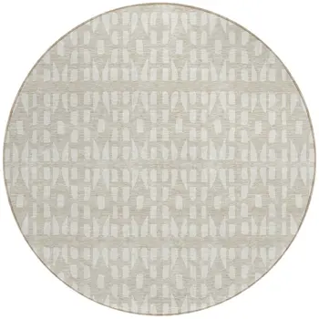 8' Beige And Ivory Round Geometric Washable Indoor Outdoor Area Rug