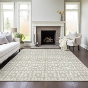 9' X 12' Beige And Ivory Geometric Washable Indoor Outdoor Area Rug