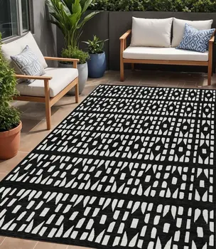 5' X 8' Black And Ivory Geometric Washable Indoor Outdoor Area Rug