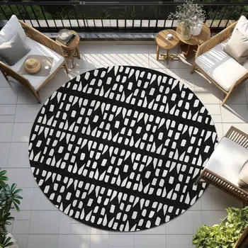 8' Black And Ivory Round Geometric Washable Indoor Outdoor Area Rug