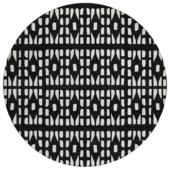 8' Black And Ivory Round Geometric Washable Indoor Outdoor Area Rug