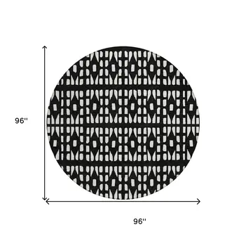 8' Black And Ivory Round Geometric Washable Indoor Outdoor Area Rug