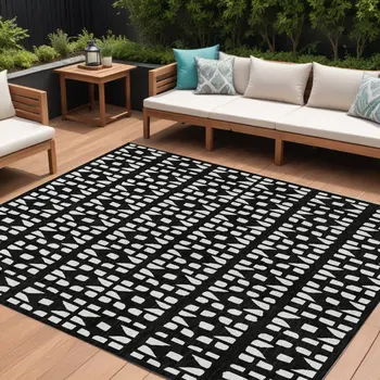 8' X 10' Black And Ivory Geometric Washable Indoor Outdoor Area Rug