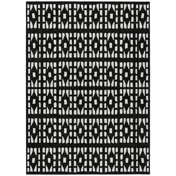 8' X 10' Black And Ivory Geometric Washable Indoor Outdoor Area Rug