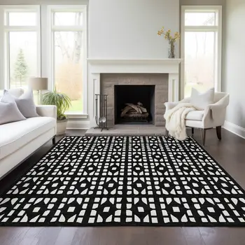 8' X 10' Black And Ivory Geometric Washable Indoor Outdoor Area Rug