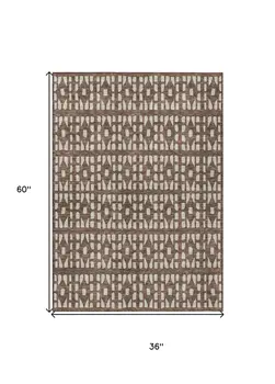 3' X 5' Brown And Ivory Geometric Washable Indoor Outdoor Area Rug