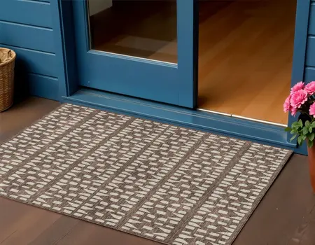 3' X 5' Brown And Ivory Geometric Washable Indoor Outdoor Area Rug