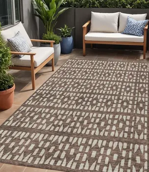 5' X 8' Brown And Ivory Geometric Washable Indoor Outdoor Area Rug
