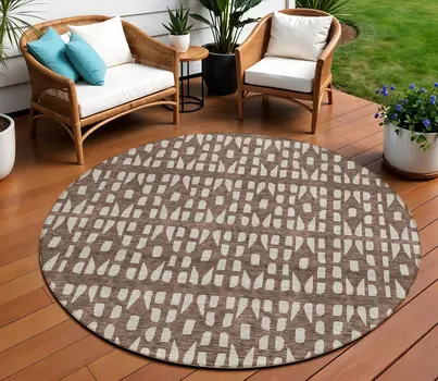 8' Brown And Ivory Round Geometric Washable Indoor Outdoor Area Rug
