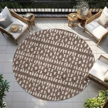 8' Brown And Ivory Round Geometric Washable Indoor Outdoor Area Rug