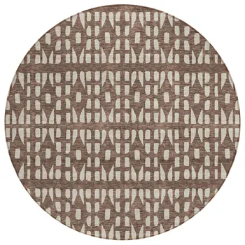 8' Brown And Ivory Round Geometric Washable Indoor Outdoor Area Rug