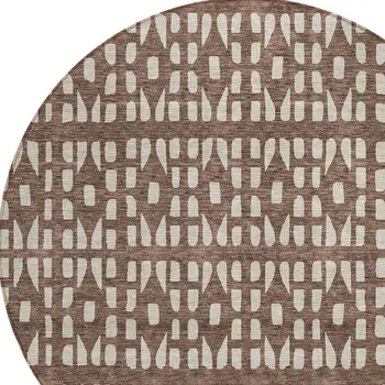 8' Brown And Ivory Round Geometric Washable Indoor Outdoor Area Rug