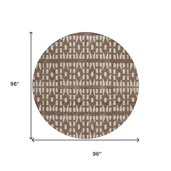8' Brown And Ivory Round Geometric Washable Indoor Outdoor Area Rug