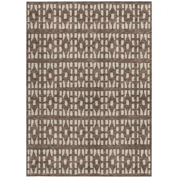 8' X 10' Brown And Ivory Geometric Washable Indoor Outdoor Area Rug