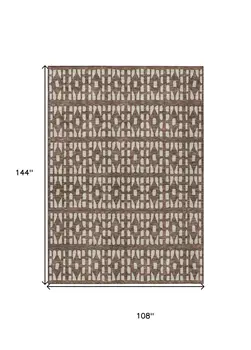 9' X 12' Brown And Ivory Geometric Washable Indoor Outdoor Area Rug