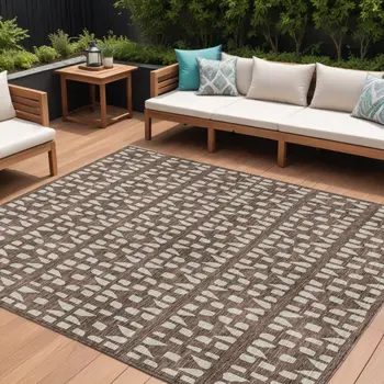 10' X 14' Brown And Ivory Geometric Washable Indoor Outdoor Area Rug