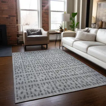 5' X 8' Gray And Ivory Geometric Washable Indoor Outdoor Area Rug