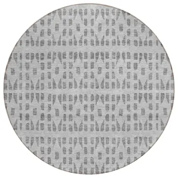 8' Gray And Ivory Round Geometric Washable Indoor Outdoor Area Rug