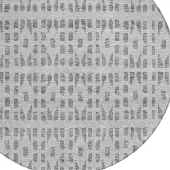 8' Gray And Ivory Round Geometric Washable Indoor Outdoor Area Rug
