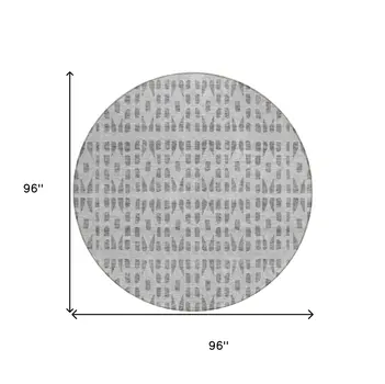 8' Gray And Ivory Round Geometric Washable Indoor Outdoor Area Rug