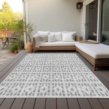 9' X 12' Gray And Ivory Geometric Washable Indoor Outdoor Area Rug