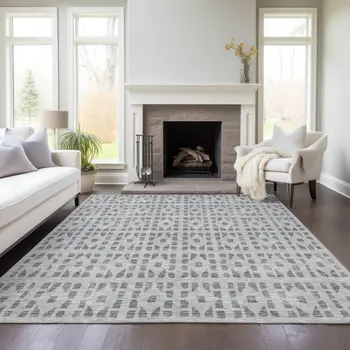 9' X 12' Gray And Ivory Geometric Washable Indoor Outdoor Area Rug