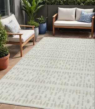 5' X 8' Ivory And Beige Geometric Washable Indoor Outdoor Area Rug