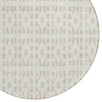 8' Ivory And Beige Round Geometric Washable Indoor Outdoor Area Rug