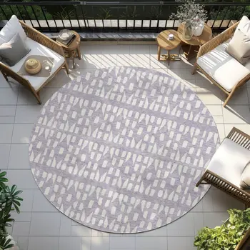 8' Lavender And Ivory Round Geometric Washable Indoor Outdoor Area Rug