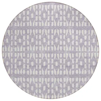 8' Lavender And Ivory Round Geometric Washable Indoor Outdoor Area Rug