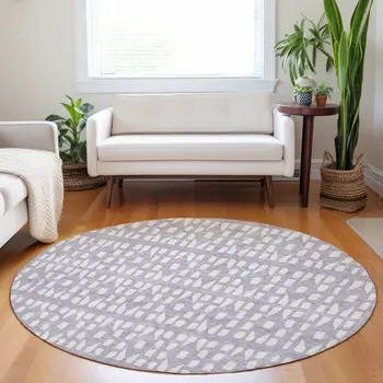 8' Lavender And Ivory Round Geometric Washable Indoor Outdoor Area Rug