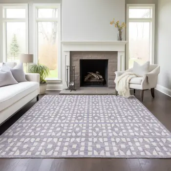 8' X 10' Lavender And Ivory Geometric Washable Indoor Outdoor Area Rug