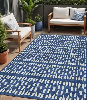 5' X 8' Navy Blue And Ivory Geometric Washable Indoor Outdoor Area Rug