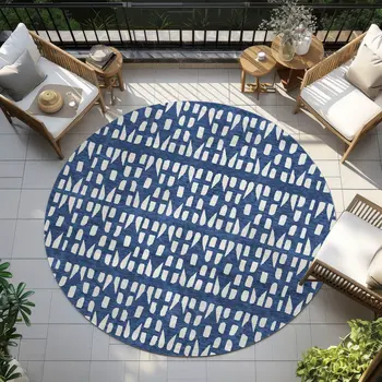 8' Navy Blue And Ivory Round Geometric Washable Indoor Outdoor Area Rug