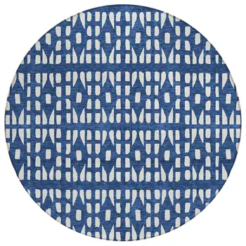 8' Navy Blue And Ivory Round Geometric Washable Indoor Outdoor Area Rug