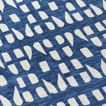 8' Navy Blue And Ivory Round Geometric Washable Indoor Outdoor Area Rug