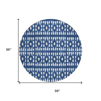 8' Navy Blue And Ivory Round Geometric Washable Indoor Outdoor Area Rug