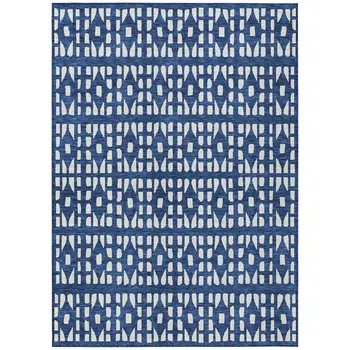 8' X 10' Navy Blue And Ivory Geometric Washable Indoor Outdoor Area Rug