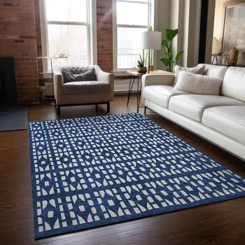8' X 10' Navy Blue And Ivory Geometric Washable Indoor Outdoor Area Rug