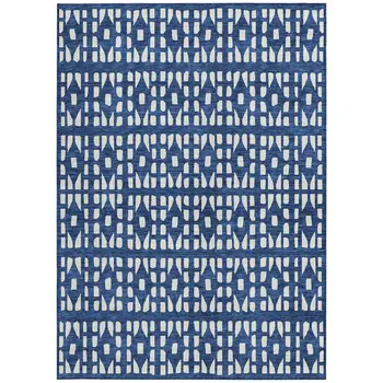 10' X 14' Navy Blue And Ivory Geometric Washable Indoor Outdoor Area Rug
